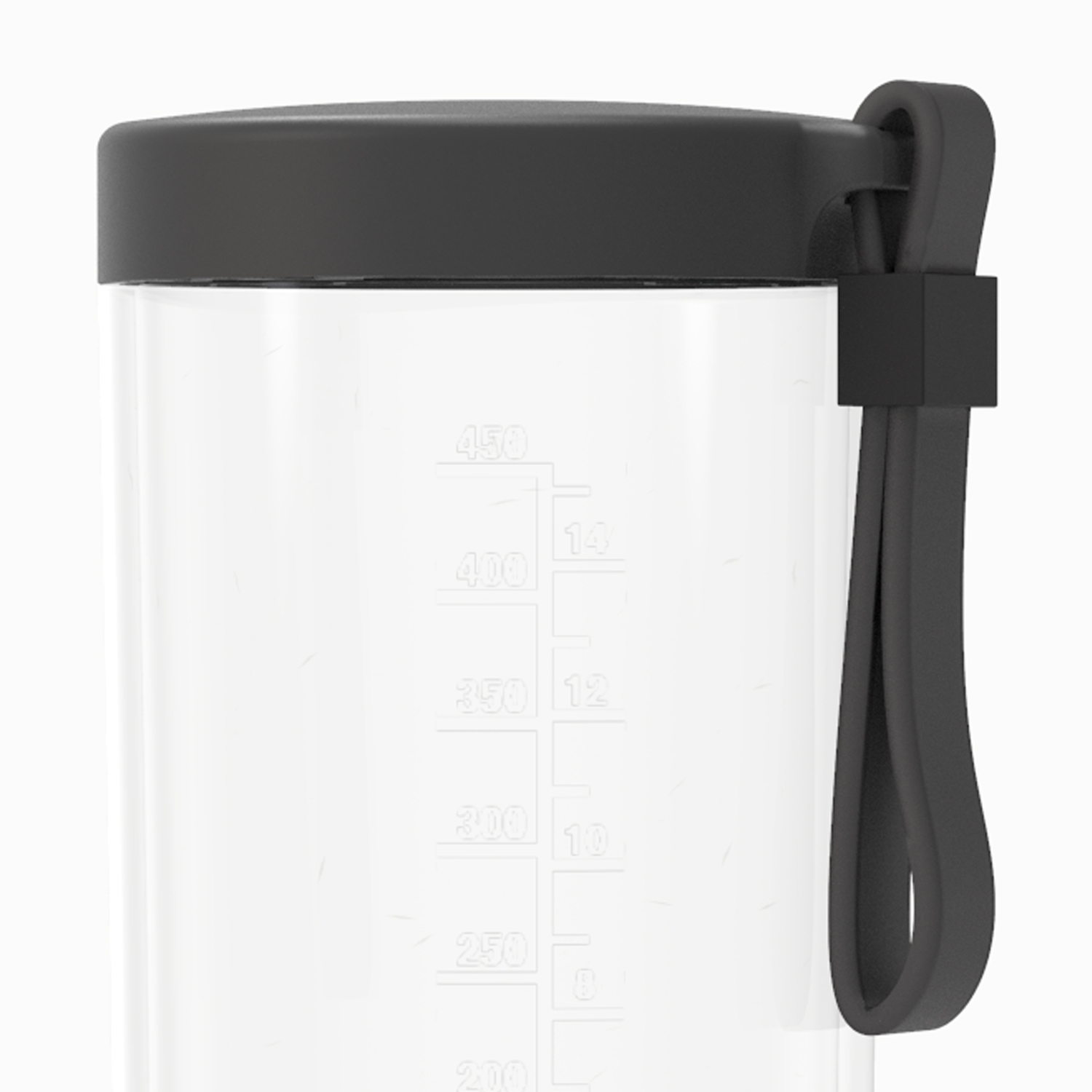 Close-up of the BlendJet 2 portable blender’s black carrying strap attached to the lid, emphasizing its portability and travel-friendly features