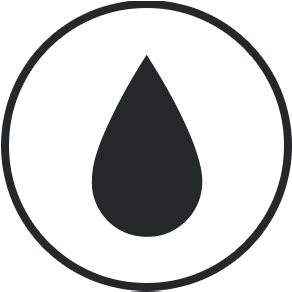 Black teardrop-shaped water drop icon enclosed in a circular outline, symbolizing self-cleaning functionality and convenience