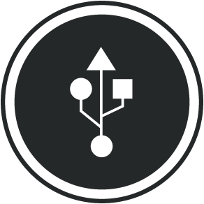 Black USB charging symbol icon with a circular outline, representing universal compatibility and portable charging capability