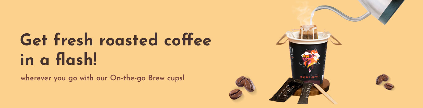 Banner image for Cohoma Coffee On-the-Go Cups, featuring fresh roasted coffee brewed instantly with a pour-over setup