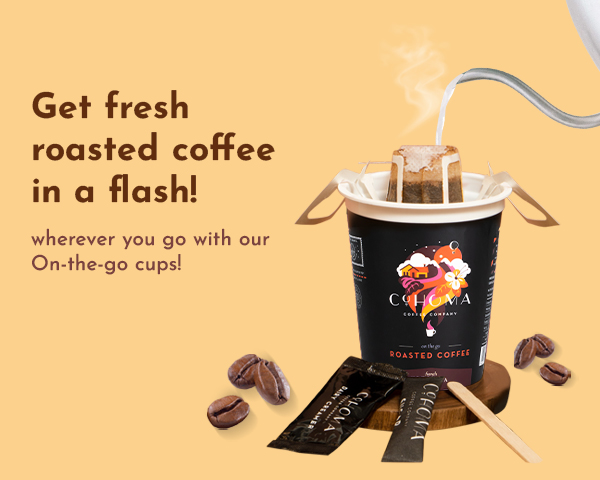 Banner image for Cohoma Coffee On-the-Go Cups, featuring fresh roasted coffee brewed instantly with a pour-over setup