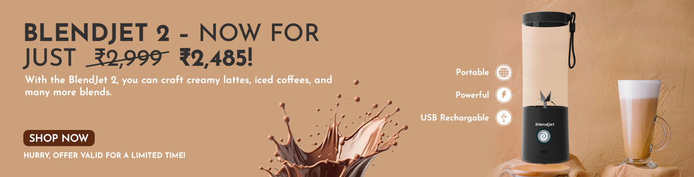 Promotional banner for BlendJet 2 portable blender, featuring a sleek black blender with a creamy latte on a beige background and a splash of chocolate highlighting the offer