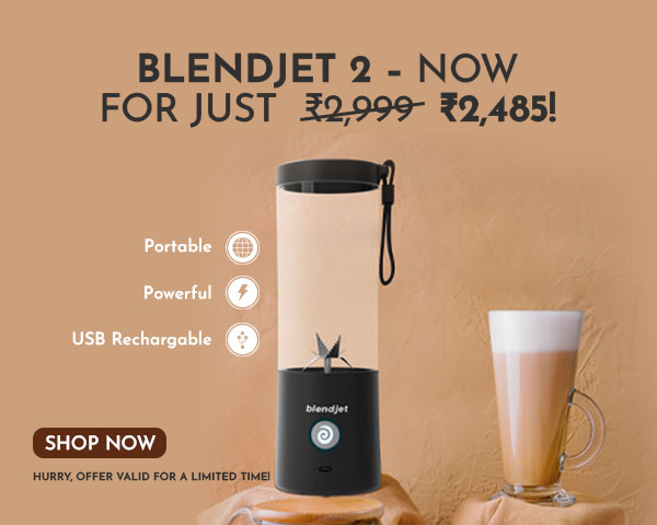 Promotional banner for BlendJet 2 portable blender, featuring a sleek black blender with a creamy latte on a beige background and a splash of chocolate highlighting the offer