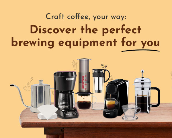 A variety of coffee brewing equipment, including an Aeropress, French press, espresso machine, pour-over setup, and drip coffee maker, displayed on a wooden table with a beige background and promotional text