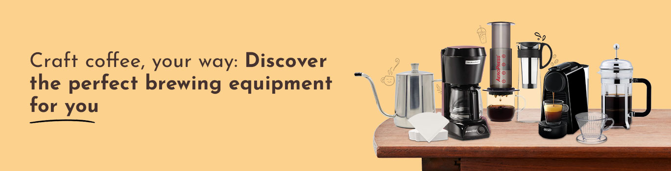 A variety of coffee brewing equipment, including an Aeropress, French press, espresso machine, pour-over setup, and drip coffee maker, displayed on a wooden table with a beige background and promotional text